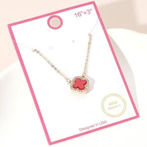 Red Gold Rhinestone Crystal Trim Quatrefoil Clover Chain 0.5 Pendant Necklace